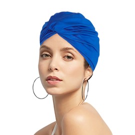 Ladies Women Pleated Fabric Swimming Cap Turban Style Swim Pool Beach Surfing Bathing Cap Elastic Ears Protection Shower Cap Soft Cross Beanie Cap Chemo Night Sleep Hat Solid Color For Long Short Hair