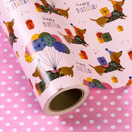 WRAPAHOLIC Reversible Dog Birthday Wrapping Paper Roll - Mini Roll - 17 Inch x 33 Feet - Pink Dachshund Dog Wrapping Paper Perfect for Kids Boys Girls Birthday, Dog Lover