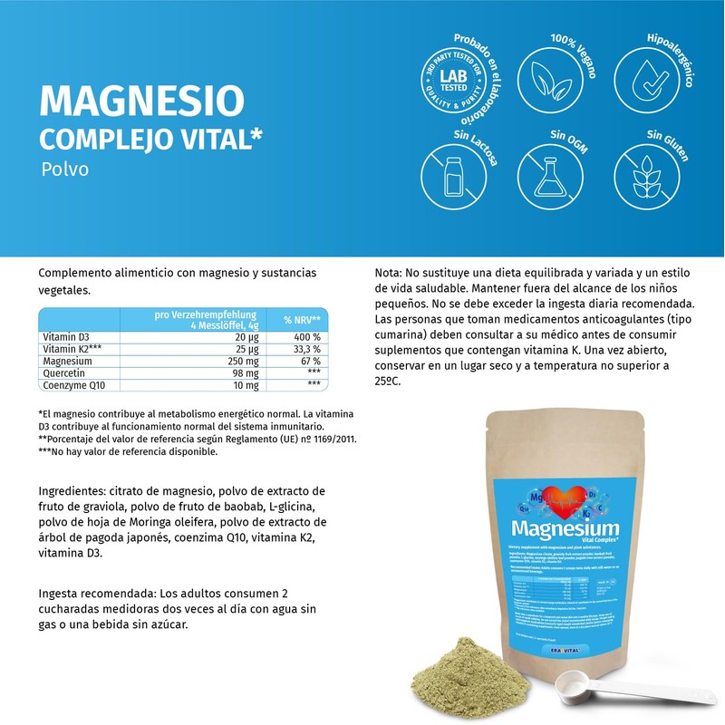 Magnesium Vitalkomplex Pulver mit Magnesium-Citrat, Baobab Fruchtpulver, L-Glycin, Coenzym Q10,