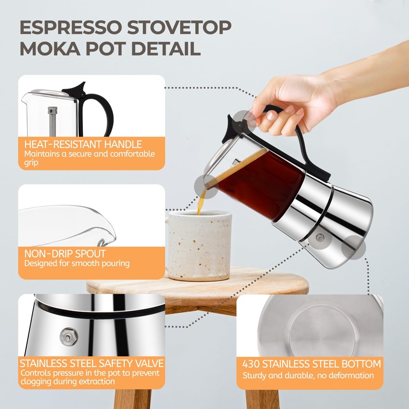 Mogrecha Clear Glass Moka Pot 4 Cup 220ml Stainless Steel
