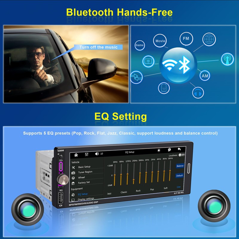 6.9" Single DIN Car Radio with Wireless Apple CarPlay, Car