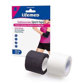 Lifemed - Stabilising Sports Tape 3 m x 3.8 cm Black / White - Protects Joints, Muscles and Ligaments, Pack of 3 (3 x 1 Item)
