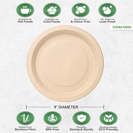 Disposable Bamboo Fibre Paper Plates l 9 inch (23 cm) Round 50 Pack l Large Unbleached Natural Brown l 100% Compostable Eco Friendly Extra Strong Plate for Parties, Picnics, BBQ, Events