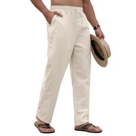 PLEPAN Men's Casual Linen Pants Elastic Waist Lightweight Loose Fit Beach Summer Travel Pants with Pockets, Beige, US (32) S