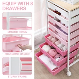 Rolling Cart with Drawers,Storage Cart with 8 Drawers and Wooden Tabletop,Utility Cart for Living Room,Classroom, Bedroom,Bathroom,Dorm,Office,Rose Pink