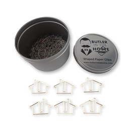 Butler in the Home 100 Count House Home Shaped Paper Clips Great for Paper Clip Collectors or Realtor Office Gift - Comes in Round Tin with Lid and Gift Box - Silver Metal