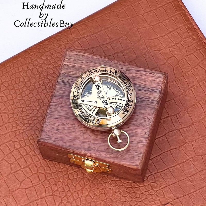 Marine Sundial Compass with Nautical Solid Wooden Box Vintage Brass