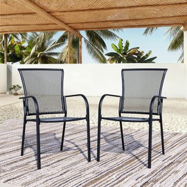 Patio Dining Chairs Set of 2, Black Stackable Outdoor Dining Chairs, Metal Mesh Patio Furniture Set for Garden Backyard Lawn Deck Support Over 300 lbs