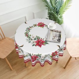 Sunshineyan Poinsettia Christmas Round Tablecloth 60 Inch, White and Red Christmas Tablecloths Stain Resistance Polyester Winter Table Cloth for Holiday Parties Kitchen Dining Indoor Outdoor