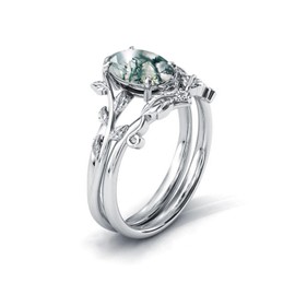Natural Moss Agate Ring 925 Sterling Silver Moss Agate Ring Set Promise Ring Engagement Wedding Jewelry Gifts for Women #9.5