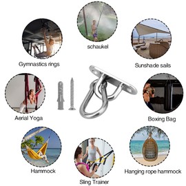 Abnaok Pack of 4 Eye Plate Stainless Steel and 4 Pieces Stainless Steel Carabiners, Eye Plates for Sun Sail / Wall Mounting, Ceiling Mounting, Wall Hook, Eye Plate Ceiling Hook Eye Plate with Ring