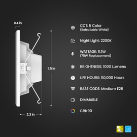 Feit Electric 5-6" LED Recessed Downlight with Night Light Mode, 75W Equivalent, Dimmable, 5CCT Selectable White, 90 CRI, 1000 Lumens, 45-Year Lifetime, LEDR56/NL/5CCTCA/RP