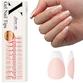 Short Coffin French Tip Press on Nails, Gel X French Tip Nails SXVME Matte White French Tips Pre-applied Tip Primer Natural Nude Pink Fake Nails Extensions Gel X Nail Kit for Women Nails DIY, 300Pcs