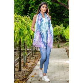 Brisas Women's Triple Toned Purple/Green/White Tie and Dyed Pure French Linen Lightweight Handcrafted Summer Neck Scarf/Wrap/Shawl