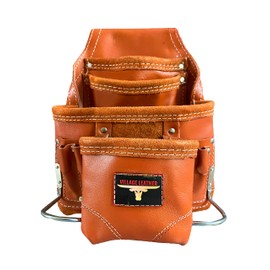 Heavy Duty Tool Carpenters Tool Pouch, Orange, Natural Leather, 10 Pockets, 2 Hammer Holders, Reinforced Seams