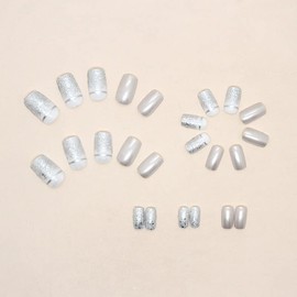 Press on Nails Fake Nails Square Glossy, Short False Nail Tips Artificial Finger Manicure for Women and Girls in 24 pcs (Sliver Glitter)