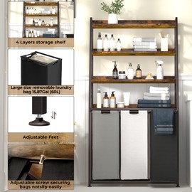 Herture Laundry Basket, 3 Section Laundry Hamper with 4 Tiers Shelf, Pull-Out and Removable Laundry Bags, Large 3 x 15.87 Gallons, for Laundry Room Bathroom Rustic Brown PF05XLN