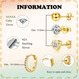 Hasnsofie Silver Stud Earrings Hoop Earrings, 4 Pairs 925 Sterling Silver Women's Stud Earrings Hoop Earrings Set, Small 5 mm Sleeping Stud Earrings with Zirconia and 14 mm Hoop Earrings Set with Gift