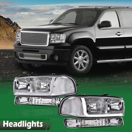LQI LED DRL Headlights Assembly Compatible with Gmc Sierra 1500 1999-2007 /Fit GMC Yukon XL 1500 2500 1999-2006 Black Clear W/Bumper Signal Lamps（Clear lens Chrome Housing Amber Reflector）
