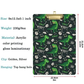 Naanle Cartoon Green Dinosaurs Decor Acrylic Clipboard, A4 Letter Size Sliver Clip Board for Men, Women, Students, Office, Teachers, School, Nurses