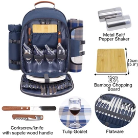 Sunflora Picnic Backpack for 4 Person Set Pack with Insulated Waterproof Pouch for Family Outdoor Camping (Navy Blue)