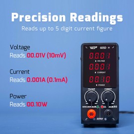 WEP 605D-III DC Variable Power Supply 60.00V 5.000A High Precision Bench Lab Power Supply with Alligator Clips for anodizing kit, Electroplating, arduino, breadboard