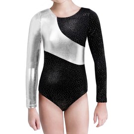 XiaoMoSha Gymnastics Leotards for Girls Long Sleeve Color Gradient Sparkly Ballet Dance One Piece Outfit(Sliver Ribbons, 130(5-6Y))