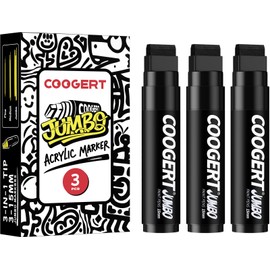 Coogert 3Pcs Black Jumbo Poster Markers, 15MM Thick Permanent Acrylic Graffiti Markers, Wide Tip Paint Marker for Canvas, Posters Board, Fabric, Window, Glass, Wood, Teachers,Banner painting supplie