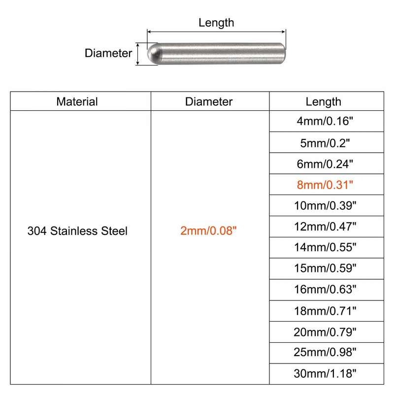 sourcing map 20 x 8 mm Dowel Pins 304 Stainless