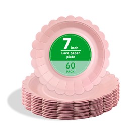 Yinbanban 60 Pcs 7 Inch Disposable Pink Scalloped Paper Plates