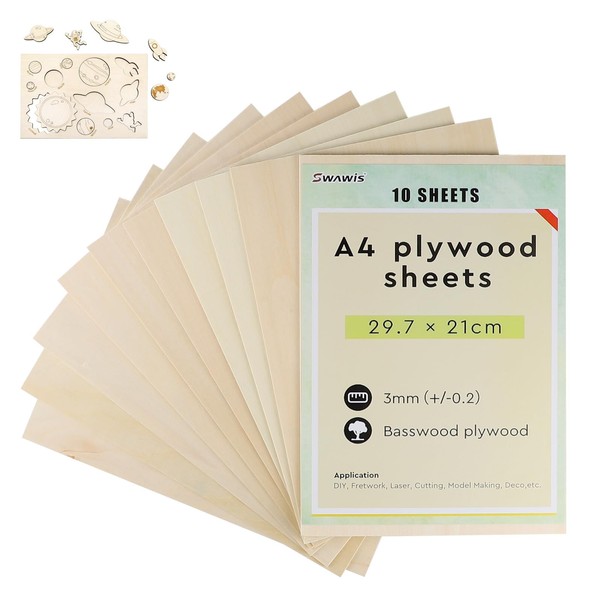 SWAWIS Pack of 10 A4 Plywood Panels 3 mm, Plywood