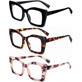 REAVEE 3 Pack Oversized Square Reading Glasses Oprah Style for Women, Blue Light Blocking Large Frame Computer Designer Fashion Readers with Spring Hinge (Black/Pink Tortoise/Tortoise,2.75)