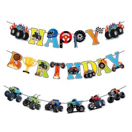 Happy Birthday Banner, Monster Truck Birthday Banner Garland Birthday Colourful for Adults and Children Birthday Party Decoration