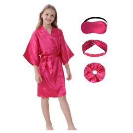 DOLOS Kids Girls Robes Silky Satin Flower Girl Sleepwear for Birthday Spa Bridal Party with Elastic Hair Ties Eye Mask and Hair Band (Rose, 8)
