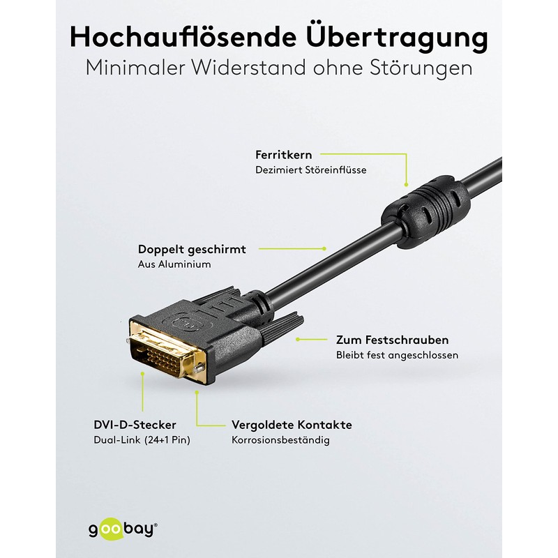 Goobay 93110 DVI-D Full HD Cable Dual Link, Gold-Plated, 2m