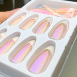 French Tips Press on Nails Almond Chrome Fake Nails Medium Nails Press ons Glossy Pearl Powder Full Cover Acrylic Nails with Mirror Glue on Nails for Women False Nails Decoration 24 Pcs