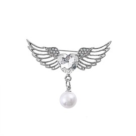 Angel Wings Heart Brooch Crystal Pearl Lapel Pin Vintage Love Heart Collar Chest Pin Badge Coat Suit Skirt Rivets Accessories for Men Women, Rhinestone Faux Pearl Alloy Steel
