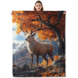 Kibue Adorable Deer Blanket, Soft & Warm Flannel Throw with Maple Tree - Cozy Plush Lightweight Blankets for Travel, Decor, Bedroom, Sofa for Adults Kids - for All Seasons 60"×50"