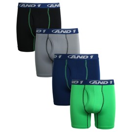 AND1 Boys Boxer Briefs - 4 Pack Performance Stretch Compression Underwear Boxers for Boys with Functional Fly (Sizes: 6-18), Size 12-14, Grey/Blue/Black/Green