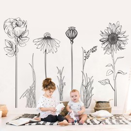Extra Large Black Flower Wall Decals Simple Sketch Wildflower Floral Wall Stickers for Girls Bedroom Living Room Bathroom Office Adult Home Decor