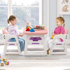 HONEY JOY Kids Table and Chair Set, Plastic Children Activity Table and 2 Chairs w/Building Blocks, Storage, for Art Craft, Toddler Table and Chair Set for Daycare Playroom, Gift for Boys Girls (Pink)