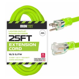 IRON FORGE CABLE 25 Ft Neon Green Extension Cord - 16/3 SJTW Lighted Outdoor High Visibility Electrical Cable with 3 Prong Grounded Plug for Safety