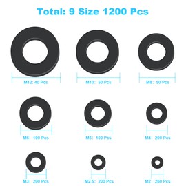1200 Pcs Nylon Flat Washers for Screws Bolts, Black Plastic Washers, Premium Fender Washers Assortment Set, (9 Sizes-M2 M2.5 M3 M4 M5 M6 M8 M10 M12) for Household & Commercial YLYL