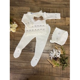 Dulce de Fresa 3-piece Baby Sweater, Pants, and Hat Set for Boys and Girls. Bow Accent - Made in Spain (Stone, 0M)