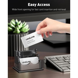 Uniclife Acrylic Business Card Holder for Desk 2 Slots Horizontal Business Card Display Stand for Men and Women Desktop Name Card Organizer Card Stand for Office Home, 120 Card Capacity, Smoky Gray