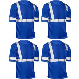 JaGely 4 Pcs Reflective Safety Shirts Short Sleeve High Visibility Hi Vis T-Shirts for Construction Work with Front Pocket(X-Large,Blue)