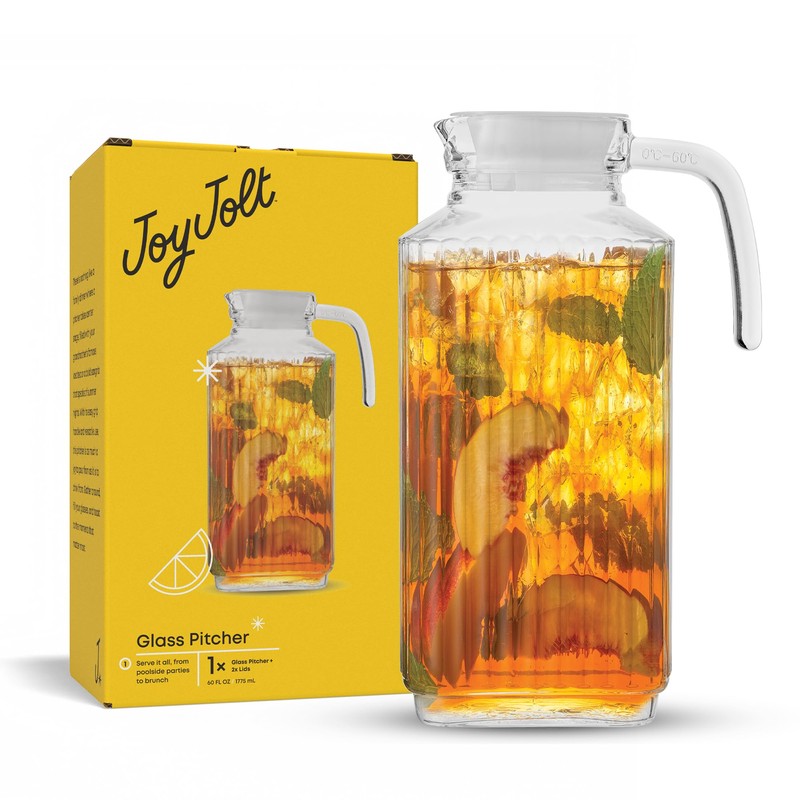 JoyJolt 60oz Glass Pitcher with Lid (2 Lids) - Beverage