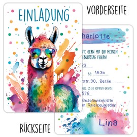 CALLUNA® Llama Glitter Invitation Cards Children's Birthday Girls and Boys - Pack of 12 - Funny Alpaca Birthday Invitations with Colourful Glitter Lacquer - Invitation Cards Children and Teenagers