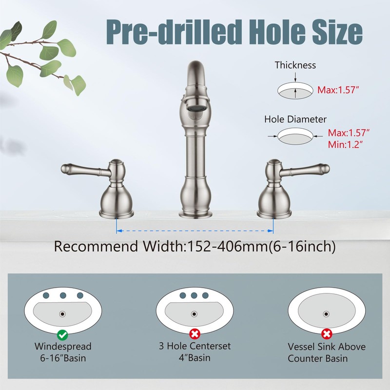 Aolemi Brushed Nickel 3 Holes Widespread Bathroom Sink Faucet 8