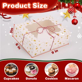 BEVOING 36 Pcs 9x6x3 Inches Christmas Cookie Boxes, White Bakery Boxes with Window Gold Foil Star Treat Boxes 9 Inch Bakery Gift Wrapping Box for Xmas Holiday Party Favor Pastries
